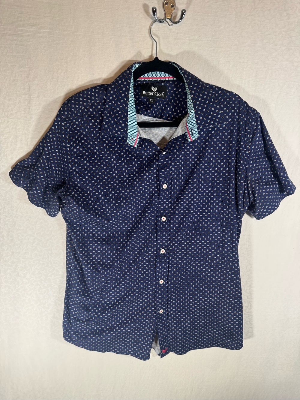 Buttercloth Men’s XL Navy Geometric Short Sleeve Button Down Shirt